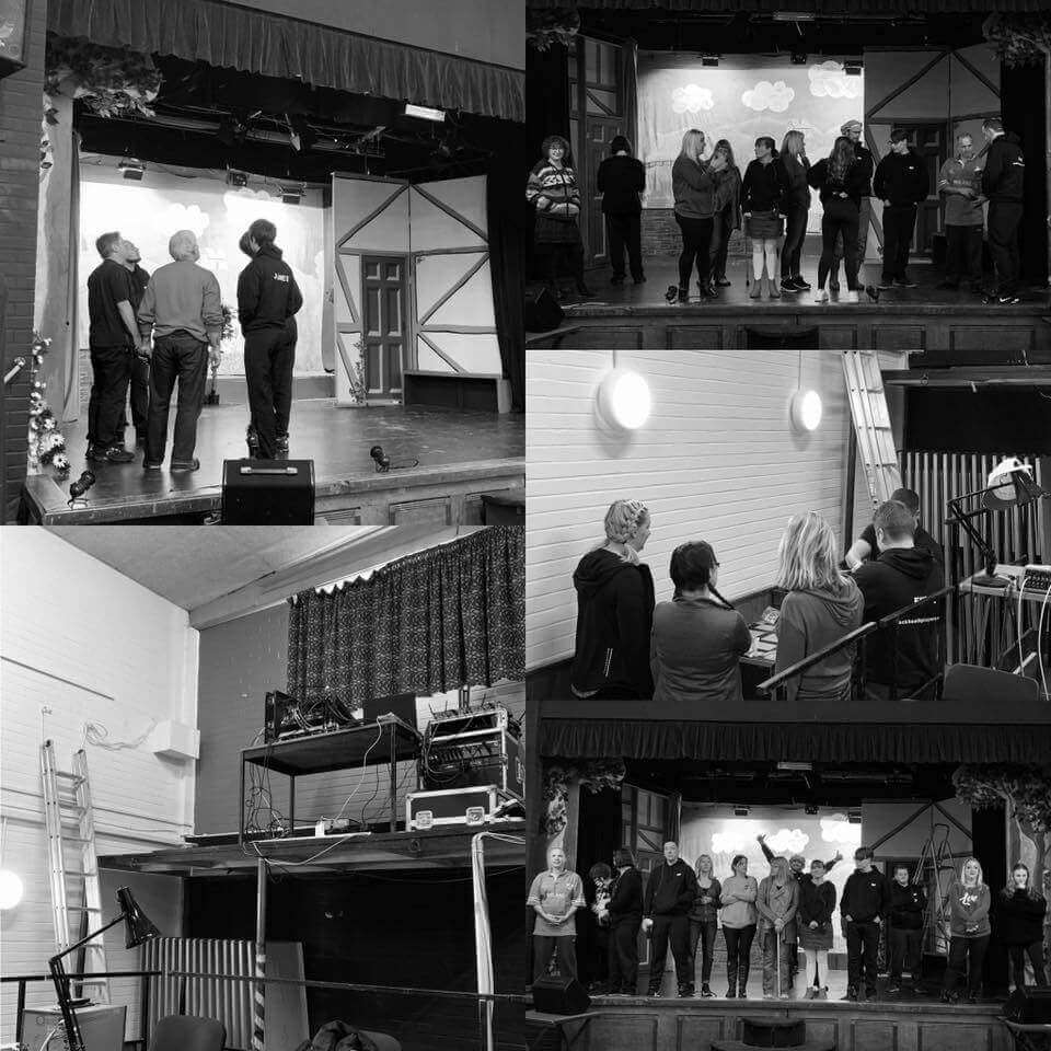 A collection of rehearsal images for the show: The 39 Steps